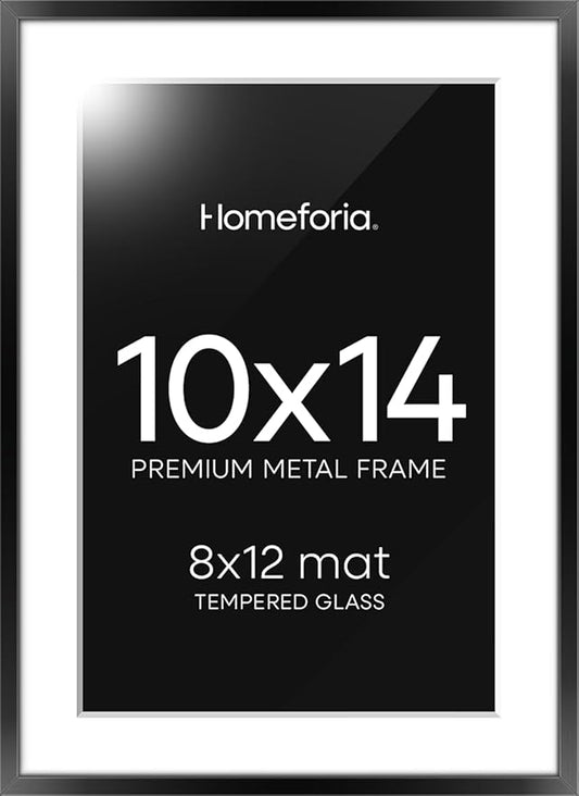Homeforia Black 10x14 Picture Frame, High End Metal 10x14 Poster Frames with Mat 8x12, 10 x 14 Black Frame Matted to 8 x 12 inch Photo, 10 by 14 Thin Hanging Frames, Tempered Glass, Wall Kit, Set of 1