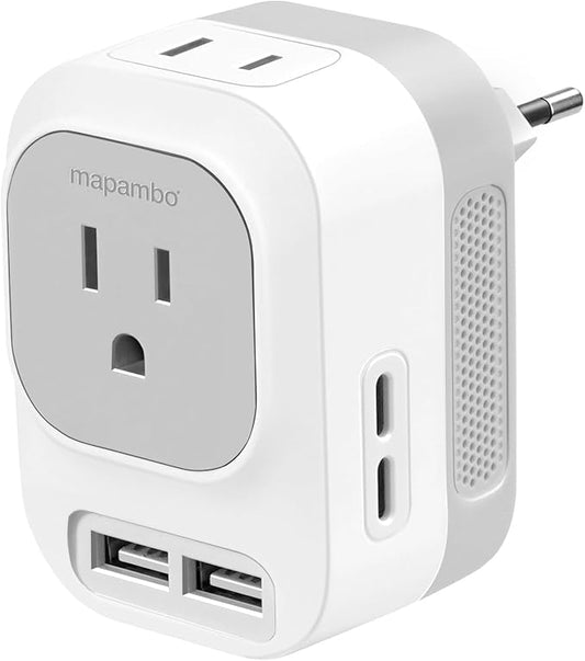 Mapambo 220V to 110V Voltage Converter US to Europe with 2 USB Port 2 USB C Fast Charging,Converter for European Travel Power Converter Adapter Combo for Germany France Italy Spain (Grey)