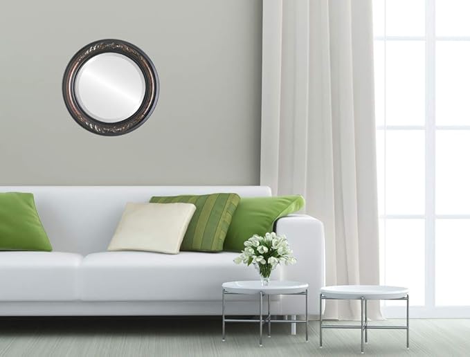 OVALCREST Round Beveled Wall Mirror for Home Decor - Florence Style - Vintage Walnut - 28x28 Outside Dimensions