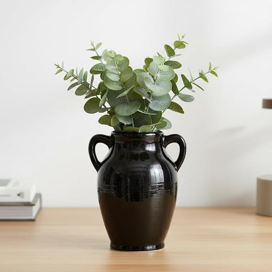 Sunddo Black Ceramic Vase - 8 Inch Modern Decorative Vase with 2 Handles, Black Centerpiece for Home Decor, Living Room, Kitchen Table, Mantle Fireplace, Bathroom Decor