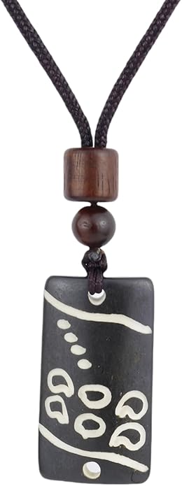 Handmade Black Bull Bone Pendant Necklace, Traditional Tribal Design, Wooden Beads, Adjustable Braided Rope, 24 Inch, Surfer Style