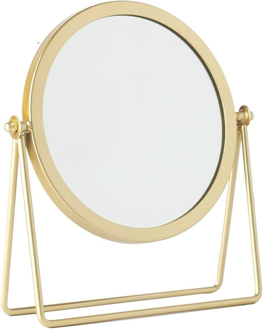 Geschaft Golden Tabletop Single Sided Makeup Mirror, 360°Rotation Iron One-Sided Dressing Table Mirror, Round Swivel Desktop Stand Mirror (Golden - Round),7.1'' (L) x 2'' (W) x 8.5''(H)
