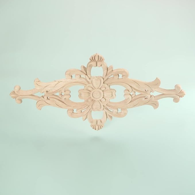 MUXSAM Wood Carved Appliques Furniture Decorative Onlays, 1Pc Unpainted DIY Center Carving Decal for Door Wall Ceiling Cabinet Dresser Mirror Bed Mantel Bench Decoration, 32x16cm/12.6"x6.3"