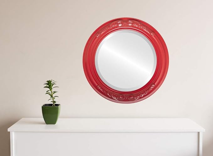 OVALCREST Round Beveled Wall Mirror for Home Decor - Florence Style - Holiday Red - 18x18 Outside Dimensions