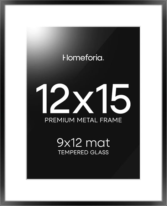 Homeforia 12x15 Picture Frame Black, High End Metal 12x15 Poster Frames with Mat 9x12 for Photo, 12 x 15 Black Frame Matted to 9 by 12 inch Print, 15x12 Thin Frames, Tempered Glass, Wall Kit, Set of 1