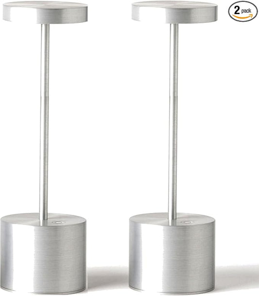 SAKRINGT 2 Pack Outdoor Table Lamp,LED Table Light,Cordless Table Lamp Rechargeable ,5000mAh Battery Powered Dimming Desk Lamp for Restaurant/Patio /Outdoor(Silver)
