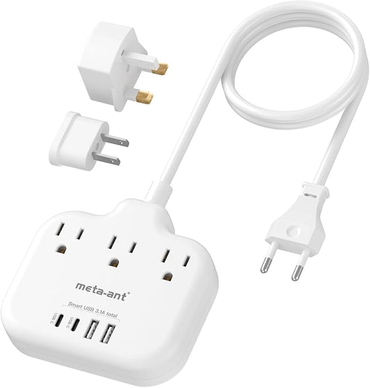 European Travel Plug Adapter, US to European Plug Adapter with 3 American Outlets & 4 USB, 3ft European Power Cord, International Travel Power Strip, Type C for Europe EU Germany France, Travel, White