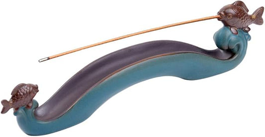 NAGU Cute Incense Holder Fish, Ceramic Incense Stick Holder Double Incense Burner, Funny Long Incense Ash Tray for Home Decoration, Yoga. Meditation, Tea