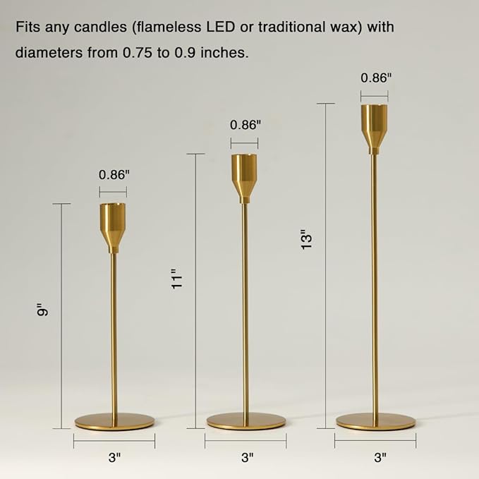 Solid Taper Candle Holders Set of 6, Vintage Brass Long Skinny Candlestick (Heights: 9/11/13 Inch), Heavy Iron Anti-Slip Base for Fireplace Mantle Table Centerpiece Wedding Decor