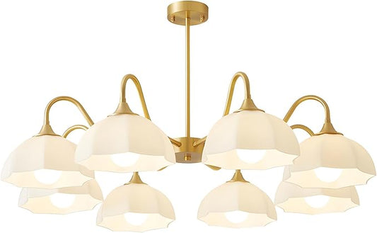 8 Lights Gold Sputnik Chandelier Light Fixture Large Mid Century Large Milk Glass Sputnik Pendant Lights Kitchen Island Modern Farmhouse Semi Flush Mount Chandelier Hanging Lamp MPL13-8 GD