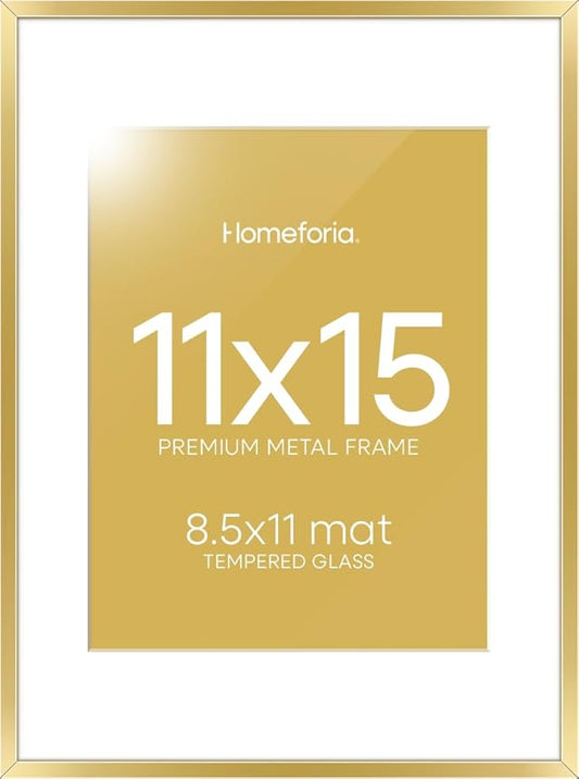 Homeforia 11x15 Picture Frame Gold, High End Metal 11x15 Poster Frames with Mat for 8.5x11, 11 x 15 Gold Frames Matted to 8.5 x 11 inch Photo, 11by15 Hanging Frames, Tempered Glass, Wall Kit, Set of 1