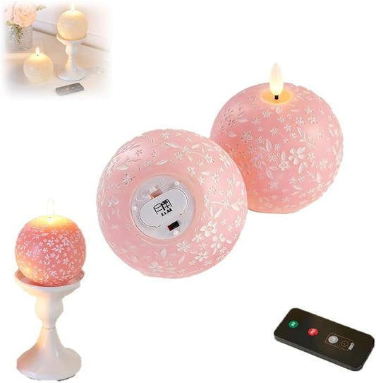 Flameless Spring Carved Spheres, Flameless LED Candles with Remote Control & 6-Hour Timer, Carved Sphere Design for Romantic Ambiance, Cozier Glow Candles for Valentine's Day, Wedding