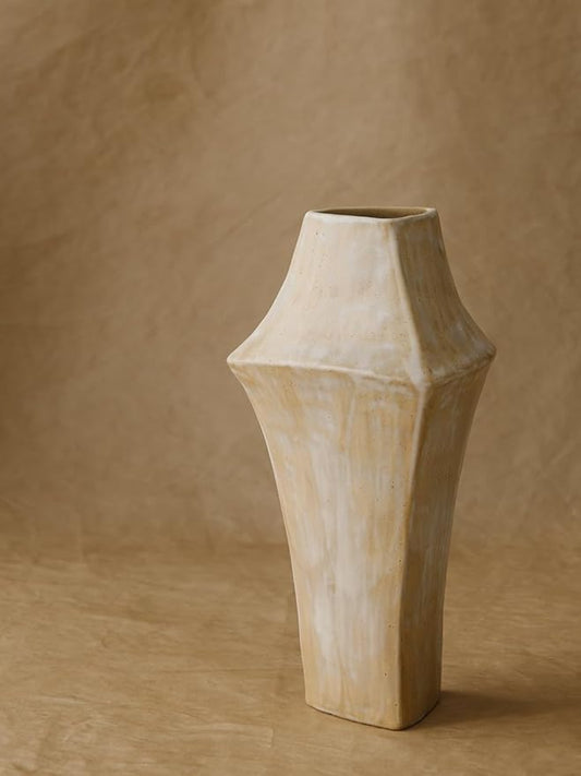 WENSHUO 9.76" H Stoneware Vase-Tri-Sided Angular Design,for Classic Decorative vase for Home Decor,Handmade Perfect Centerpiece for Table, Island,or Counter,Matte Curd Color Reactive Glaze