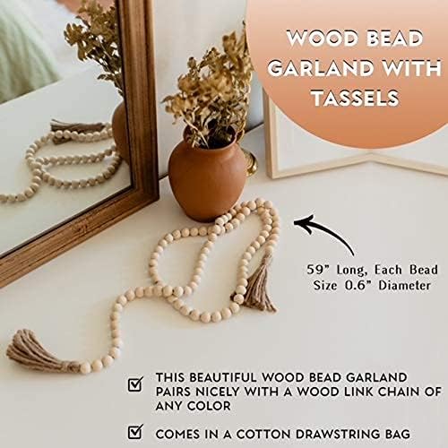 Decorative Wood Chain Link and Bead Garland Set | Hand Carved Pine Wood Chain Decor | Modern Farmhouse Decor Set | Aesthetic Room Decor | Boho Decorations for Living Room Bedroom Entryway | Natural