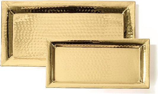Gold Hammered Trays - 2 Pack Rectangle Platters - Large & Medium Serving Tray - Stainless Steel, Gold, Rectangular, Stackable