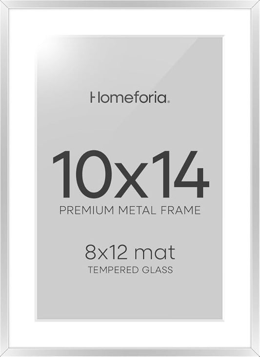 Homeforia 10x14 Picture Frame Silver, High End Metal 10x14 Frames with Mat 8x12, 10 x 14 Silver Poster Frame Matted to 8 x 12 inch Photo, 10by14 Thin Hanging Frames, Tempered Glass, Wall Kit, Set of 1