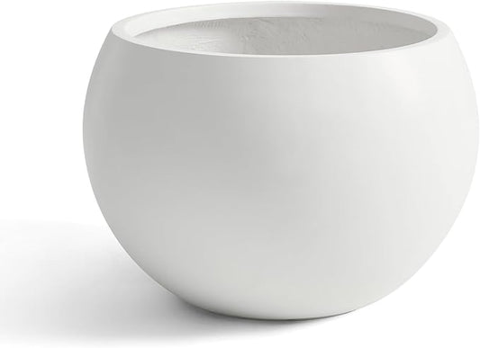 Fiberstone Sphere Planter, 15.8" Dia Round Flower Pot with Drainage Hole and Removable Plug, Plant Pot for Indoor Outdoor Use, 11.8" Opening-10.9" H Medium, White