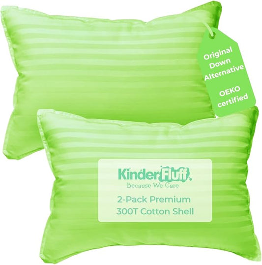 kinder Fluff Pre-Teen Pillows (2Pack) 17x26in - Pillows for Kids Age 12+, 100% Cotton Sateen Stripes 300T, Down Alternative Fill, Machine Washable - Children & Travel Cushion - Green - XL