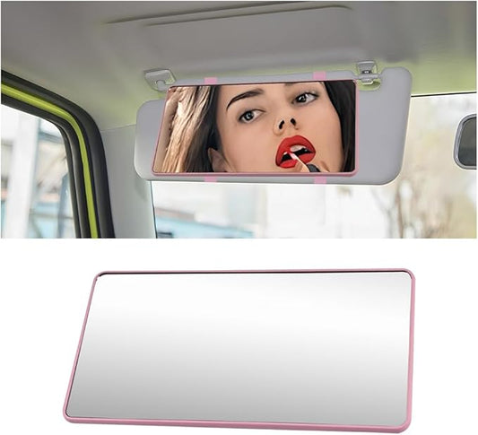Car Sun Visor Vanity Mirror, Vehicle Sun-Shading Cosmetic Makeup Mirror with Straps, Large Automotive Interior Rearview Travel Accessories, Universal for SUV RV Truck (Pink/No LED)