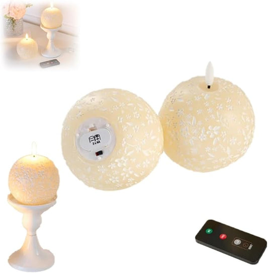 Flameless Spring Carved Spheres, Flameless LED Candles with Remote Control & 6-Hour Timer, Carved Sphere Design for Romantic Ambiance, Cozier Glow Candles for Valentine's Day, Wedding