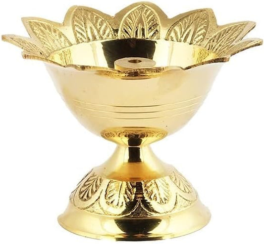 Shubhkart Brass Oil Lamp for Puja/ Burner/ Diya for Diwali Pooja | Indian Pooja Oil Lamp, Golden Diya Lamp, 3" Devas Diya | Engraved Floral Design