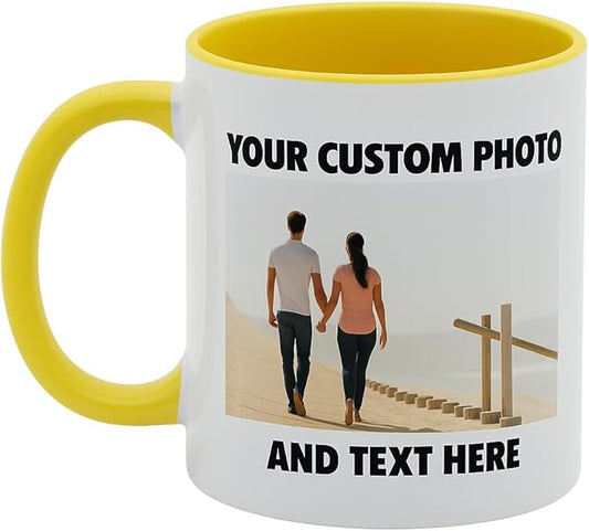 Personalized Coffee Mug | Custom Photo, Text, or Logo Cup (11oz, Yellow Rim, Inner, and Handle) |Dishwasher & Microwave Safe |Unique Gift for Men & Women –Taza Personalizada