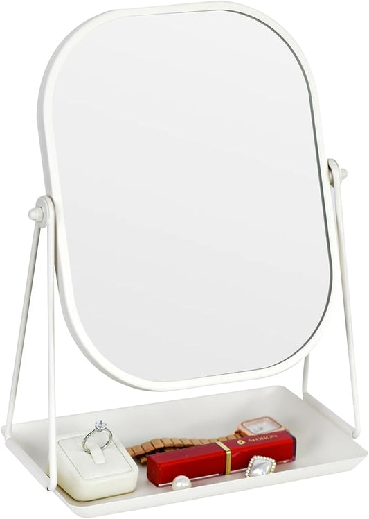 Rotating Metal Makeup Mirror with Storage, Vanity Mirror for Desk, Bathroom, Bedroom, Dressing Table (White)