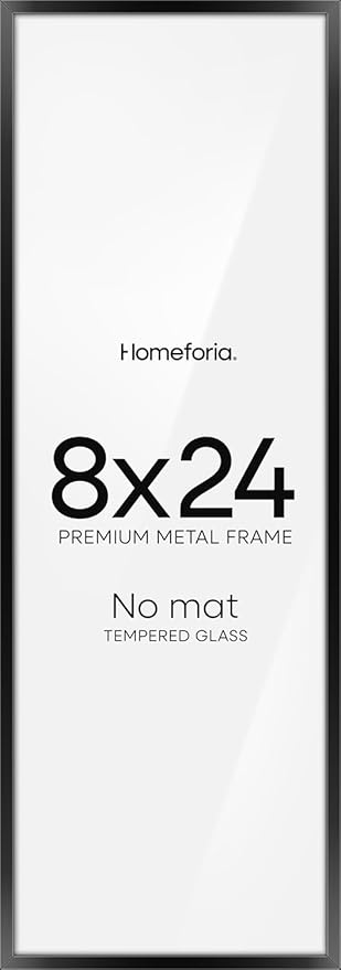Homeforia 8x24 Black Panoramic Frame, High End Metal 8 x 24 Picture Frames without Mat, 24x8 Hanging Black Poster Frames for Wall, 8by24 inches Display Photo Frames, Tempered Glass, Wall Kit, Set of 1