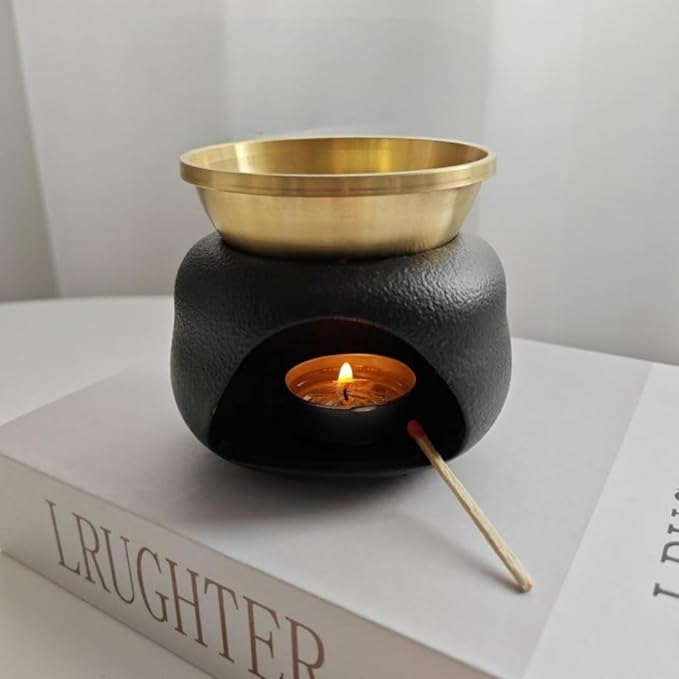 Delicate Romantic Metal Tealight Candle Holder Oil Tart Burner Aroma Diffuser Furnace Home Decoration Split Copper Plates Can Be Dry Burned Black Gold