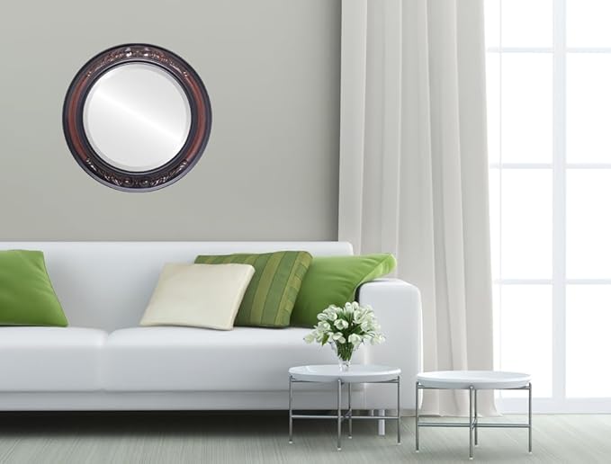 OVALCREST Round Beveled Wall Mirror for Home Decor - Florence Style - Vintage Cherry - 18x18 Outside Dimensions