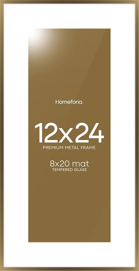 Homeforia 12x24 Picture Frame Bronze, High End Metal 12by24 Brass Poster Frames with Mat 8x20 Photo, 12 x 24 Panoramic Frames Matted to 8 by 20 Print, 24by12 Frames, Tempered Glass, Wall Kit, Set of 1