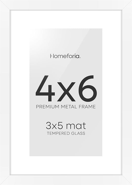 Homeforia 4x6 Picture Frame White, High End Metal 4 x 6 White Frames with Mat 3 x 5 for Art, 4x6 Desk Frame Matted to 3x5 inch Photo, 4 by 6 Wall or Tabletop Frames, Tempered Glass, Wall Kit, Set of 1