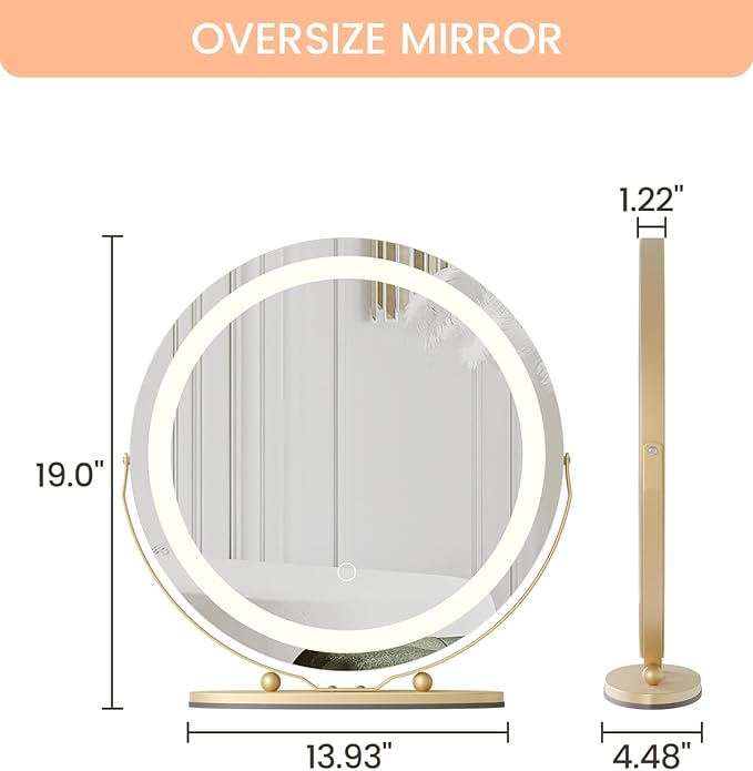 Vanity Mirror with Led Lights, 19 Inches Touch Control 3 Color 2024 New Dimmable Makeup Mirror, 360°Rotation Round Desk Mirror, Easy to Assemble (Gold)