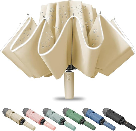 Large Windproof Travel Umbrella, Portable Reverse Folding Car Umbrella, Compact Inverted Design with Waterproof Canopy, Automatic, 10 Durable Ribs, 45.6/13 Inch, Fits Backpack