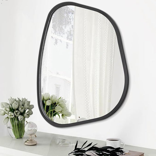 Black Asymmetrical Wall Mirror Large 20"x16" Irregular Oval Mirror Modern Wood Frame Unique Shape Wall Mounted Vanity Artistic Mirrors Decorative for Living Room Bedroom Bathroom Hallway