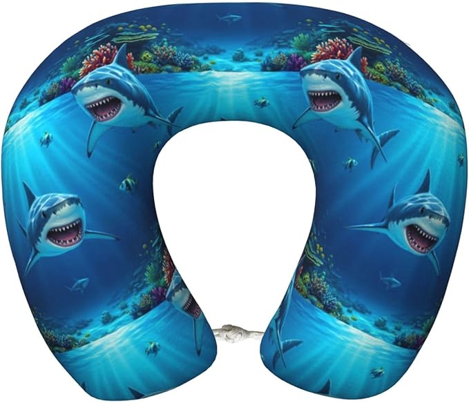 Neck Support Pillow, Comfortable Memory Foam Car/Flight/Airplane Chin Pillows U Shaped Cushion for Office Travel Sleeping Ocean Animals Sea Shark