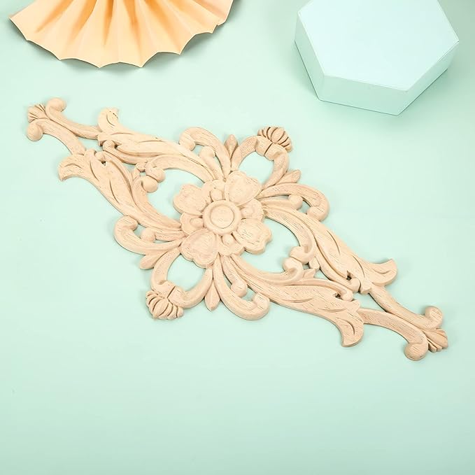 MUXSAM Wood Carved Appliques Furniture Decorative Onlays, 1Pc Unpainted DIY Center Carving Decal for Door Wall Ceiling Cabinet Dresser Mirror Bed Mantel Bench Decoration, 40x20cm/15.75"x7.87"