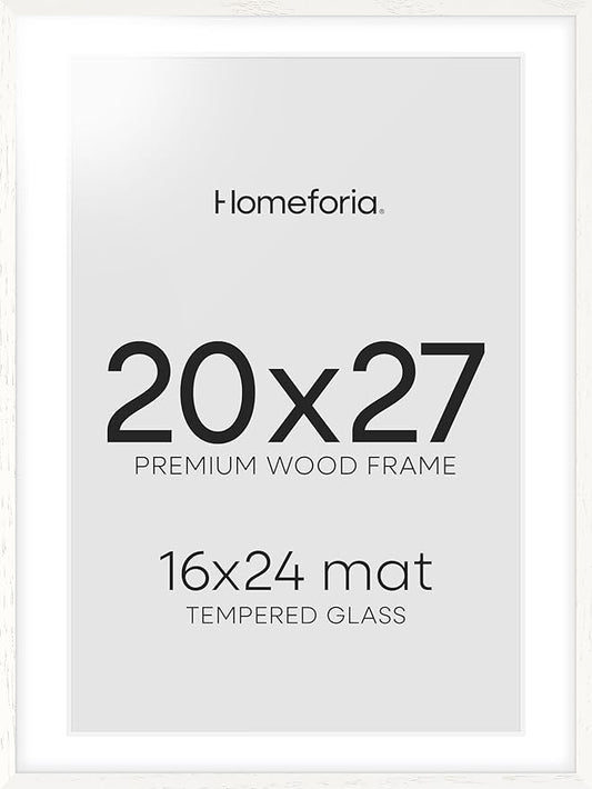 Homeforia 20x27 White Picture Frame, High End Oak 20x27 White Wooden Poster Frames with Mat 16x24 for Print, 20 x 27 Wood Frame Matted to 16 x 24 Photo, 27x20 Frame, Tempered Glass, Wall Kit, Set of 1