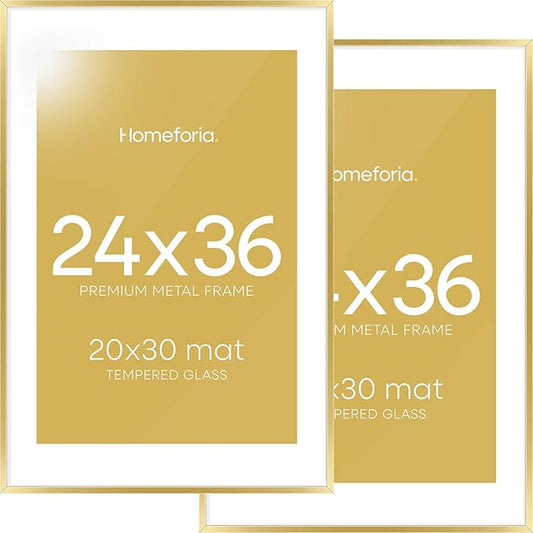 Homeforia 24x36 Gold Picture Frame, High End Metal 24 x 36 Large Poster Frames with Mat 20 by 30 inch Photo, 24x36 Gold Frame Matted to 20x30 for Print, 36x24 Frame, Tempered Glass, Wall Kit, Set of 2