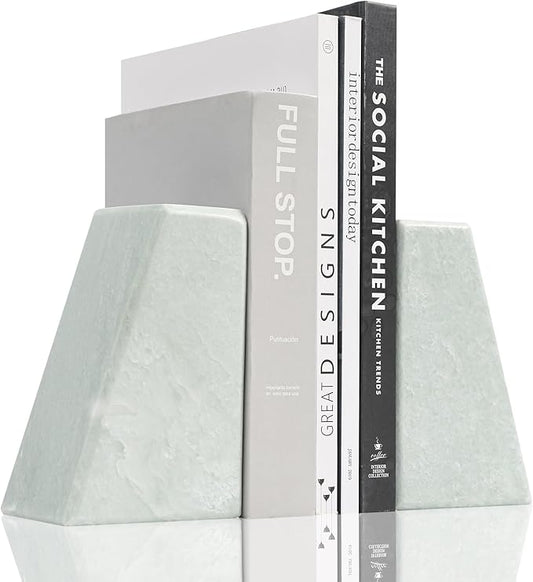 Luxury Marble Bookends for Shelves, 11LB Heavy Duty Marble Book Ends for Heavy Books, Stone Bookends Decorative, Polished, Light Green Triangular, Set of 2