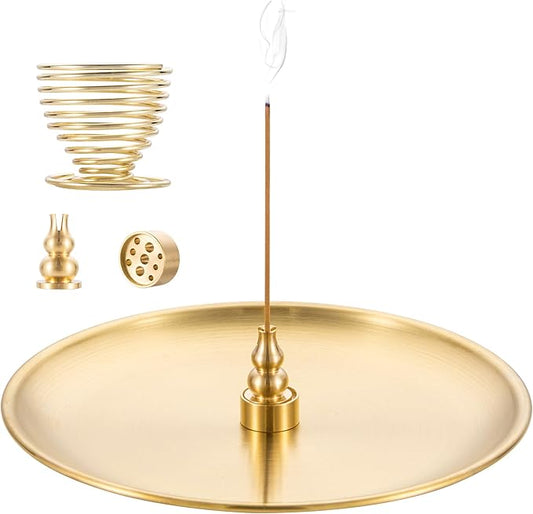 OSOPOLA 4 in 1 Incense Burner - 6.7 Inch Brass Gourd-Shaped Incense Holder for Sticks/Cones/Coils - Metal Ash Catcher for Meditation/Yoga/Home Decor ZX11