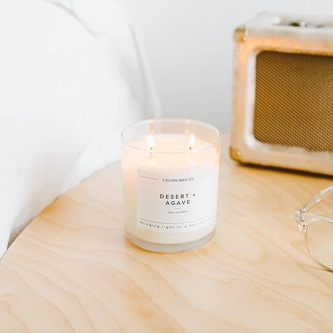 Calyan Wax Co. Desert & Agave 2 Wick Scented Candle - 37 Hour Burn - Luxury Non Toxic Soy Wax Candles - Long Lasting Large Glass Jar Candle for Home - 8.8oz