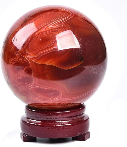 JIC Gem 2.7-3.1 inch(70-80mm) Large Red Agate Crystal Ball Round Healing Crystals Decorative Sphere with Wooden Stand Meditation Witchcraft Home Decor