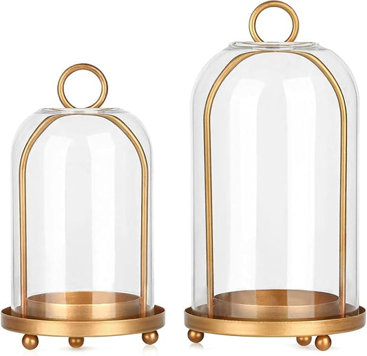 Vintage Brass Metal Candle Lantern with Thick Glass Dome – Set of 2 Shabby Chic Style Candle Holders (5.25"x10" & 4.5"x7.87") – Hanging or Tabletop Decor for Pillar Candles, Plants