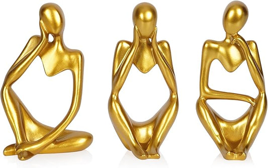Sandstone Resin Thinker Style Abstract Sculpture Statue Collectible Figurines Home Office Bookshelf Desktop Decor (Small Gold, 3pcs)