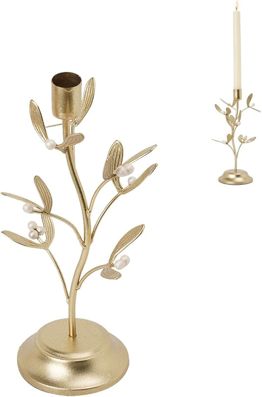 Candle Stick Holder Table Decor - Elegant Golden Metal Mistletoe Candle Holder Decorative for Coffee Gold for Living Room Symbol of Love and Life Flower Gifts 4.6 x 4.6 x 10 Inch Guichifun