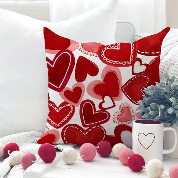 GEEORY Valentine's Day Throw Pillow Covers 20x20 Inch Set of 4, Valentines Red Hearts Love You More Decorative Farmhouse Holiday Cushion Case for Home Decoration G443-20