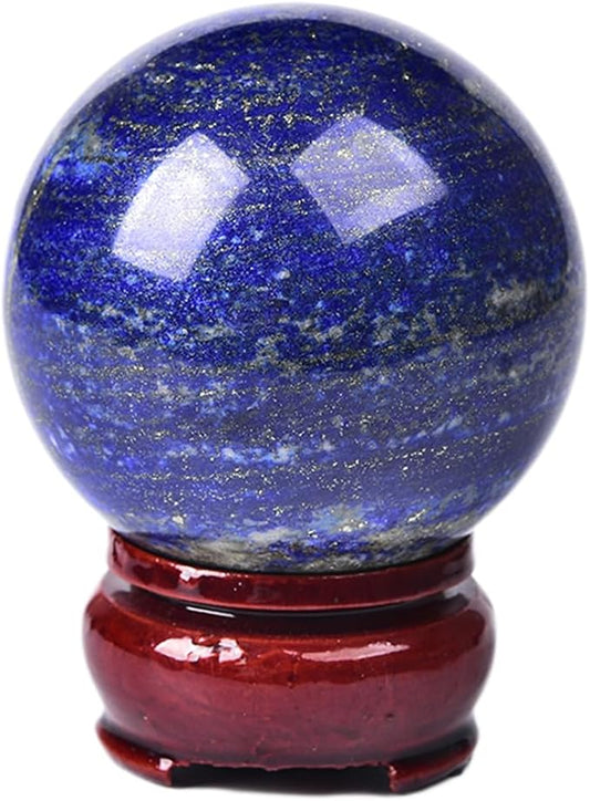 JIC Gem Lapis Lazuli Crystal Sphere Blue Quartz Crystal Ball with Wooden Stand Meditation Balls for Witchcraft and Decorative Balls 50-60mm