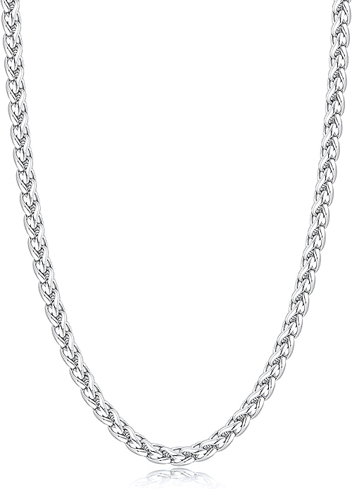 Jewlpire 4mm Wheat Chain Necklace for Men, Silver Tone/Black/14K Gold Plated Stainless Steel Necklace Chain, Mens Chains Necklaces 16 18 20 22 24 26 Inch