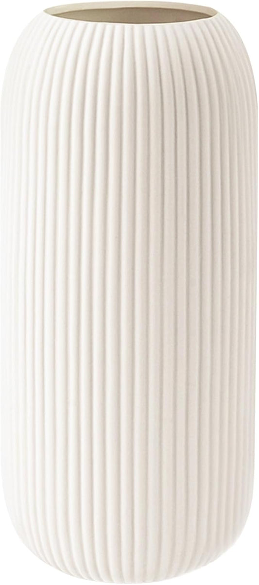 Ceramic Vase for Flowers – Modern Small Ribbed Textured Flower Vase for Home Decor, Pampas Grass, Decorative, Farmhouse, Coffee Table, Kitchen Centerpieces, Bookshelf and Home Living (XL White)